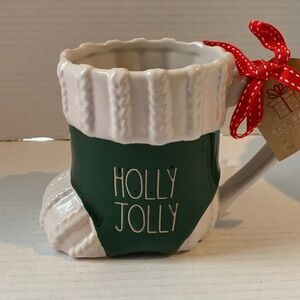 Rae Dunn Holly Jolly Stocking Shape Green Mug NEW